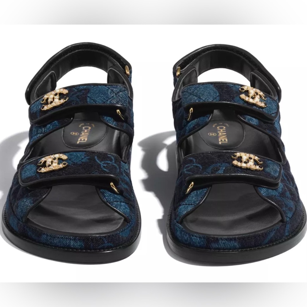 CHANEL Black & Denim CC Logo Mule Slide Strap Flat Sandals - Picture 3 of 9